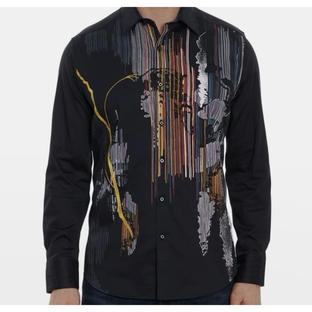 Robert Graham Men's 2XL Flip Cuff Long Sleeve Button-Up Shirt Embroidered Black